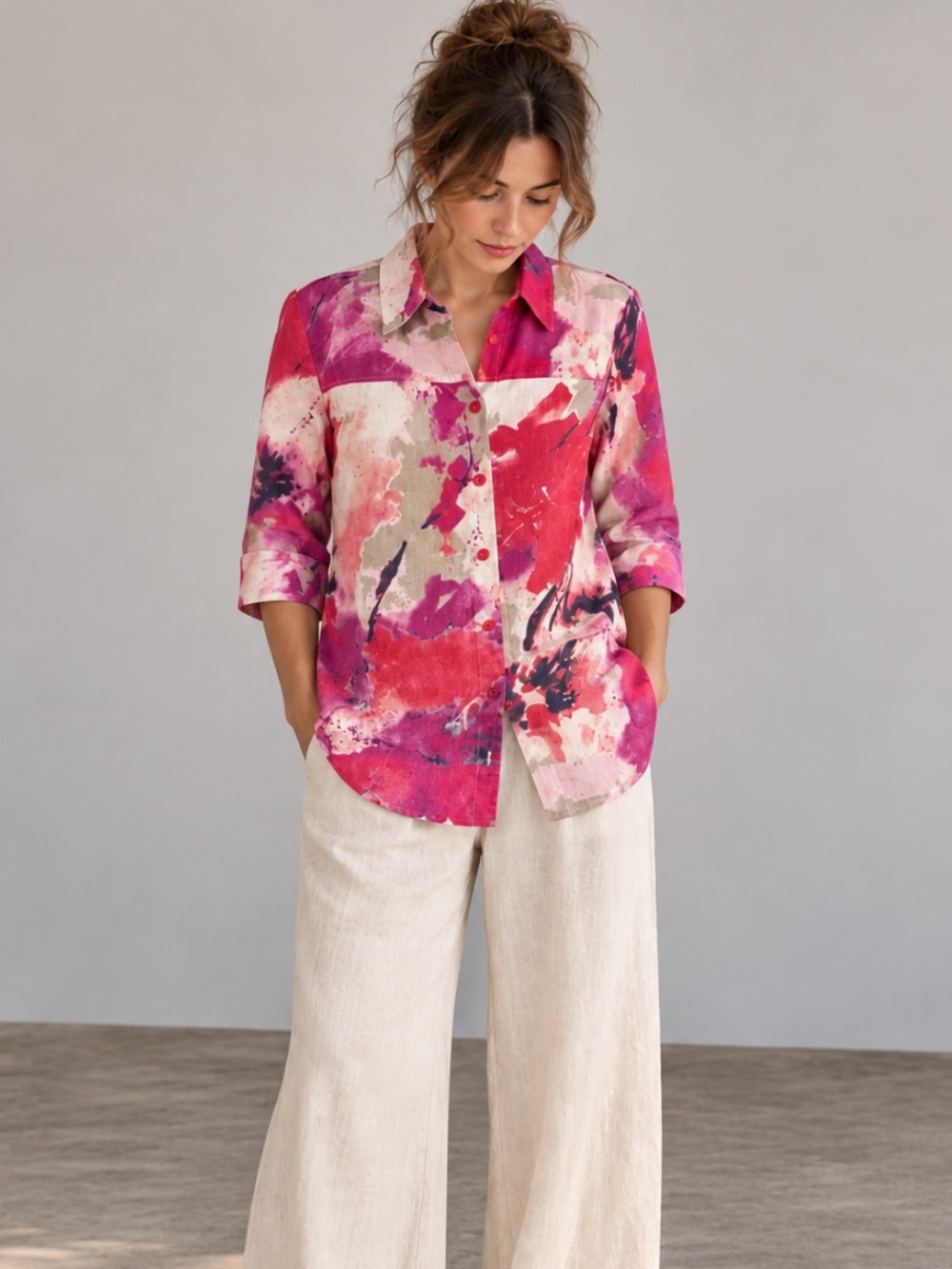 BLU No.9 100% Linen Abstract Print Long Button Front Shirt Size S